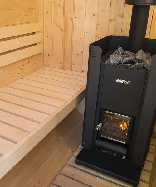 Harvia Kammi Barrel Sauna with Harvia Linear 18 wood burning stove
