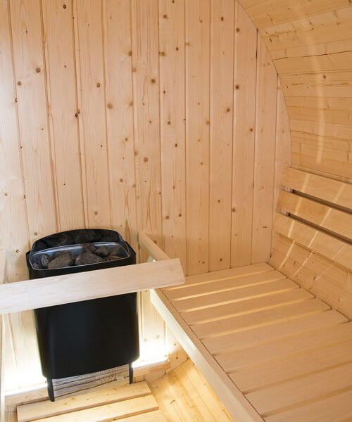 Harvia Kammi Barrel Sauna with wall mounted heater