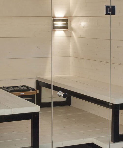 Harvia Solide Indoor glass front sauna interior no slate