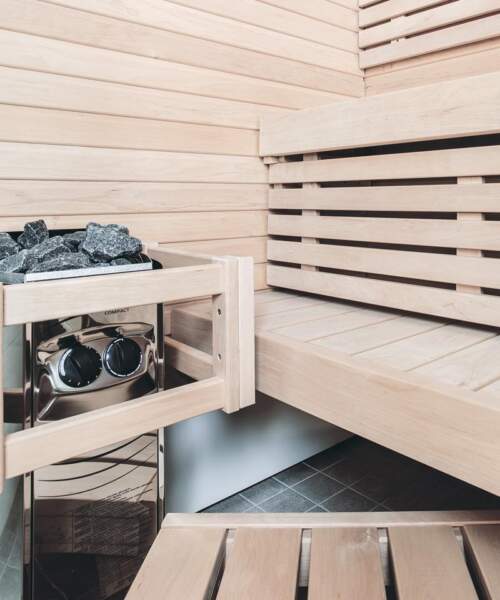 Harvia Vega Compact with Built-in Control Unit Installed in Sauna