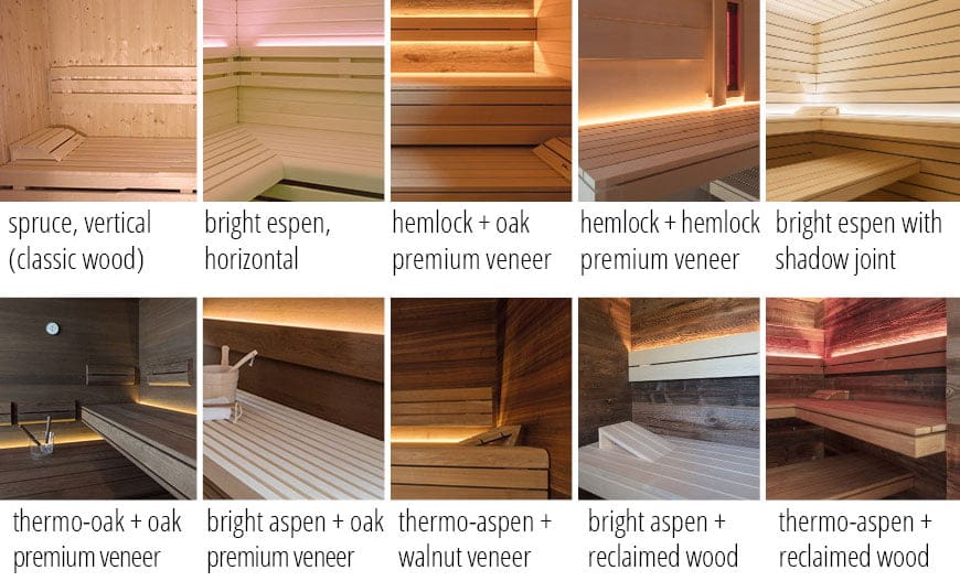 There are many types of sauna woods such as spruce, aspen, hemlock and more.